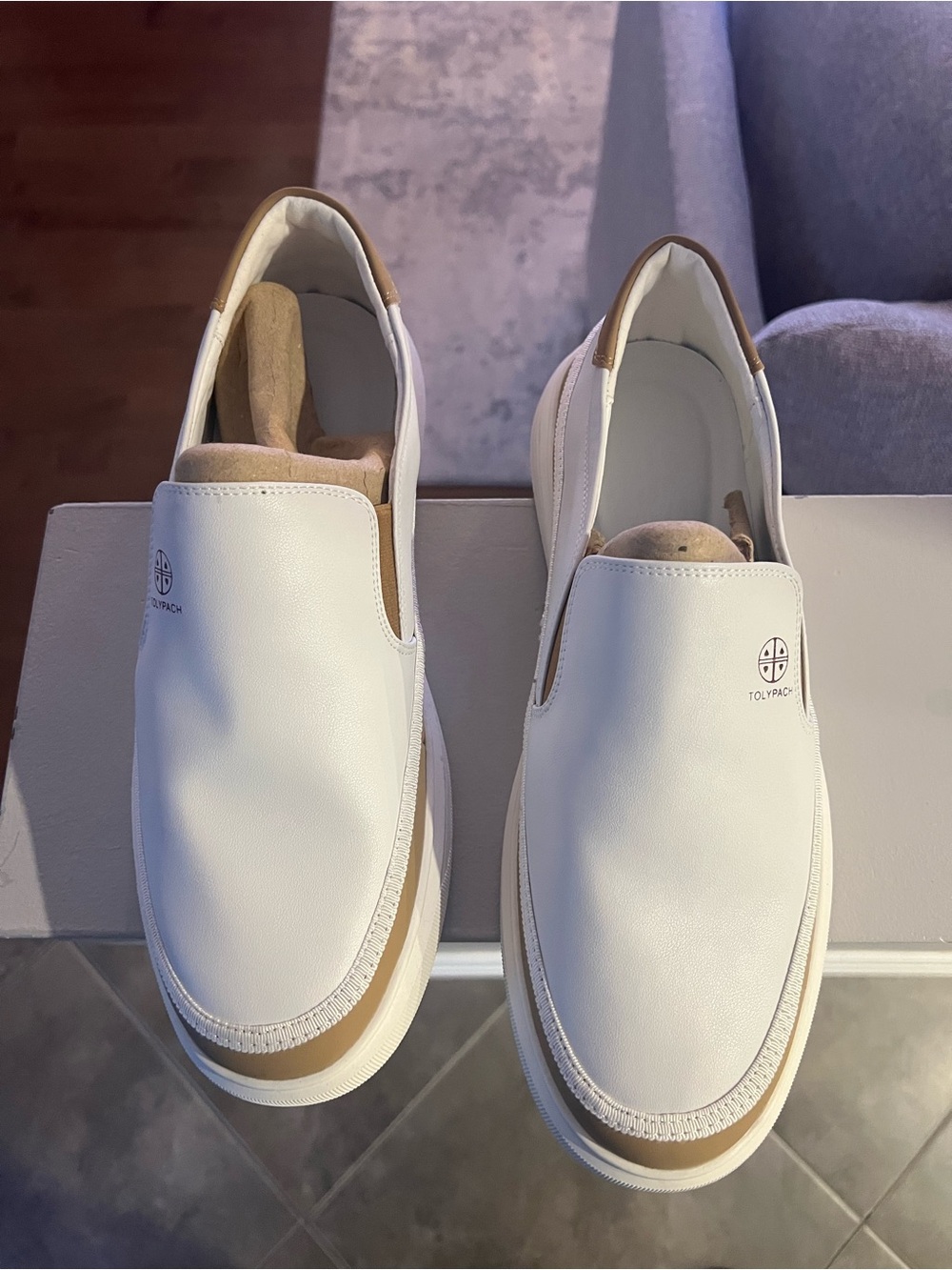 Men’s White Slip-On Loafers with Tan Trim